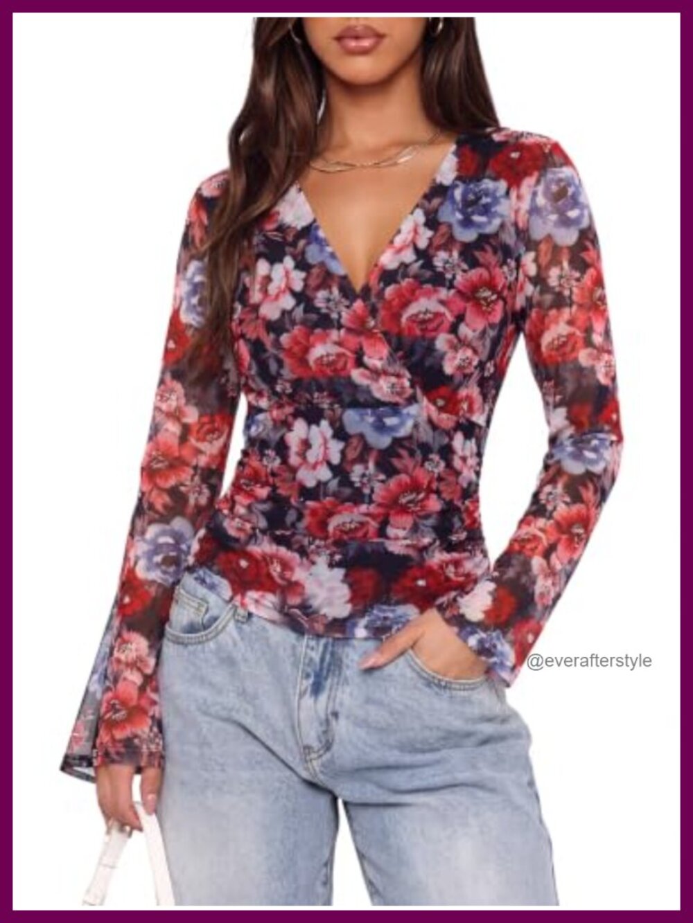 Womens Floral Mesh Wrap Blouse V-Neck Ruched Long Bell Sleeve Dressy Top